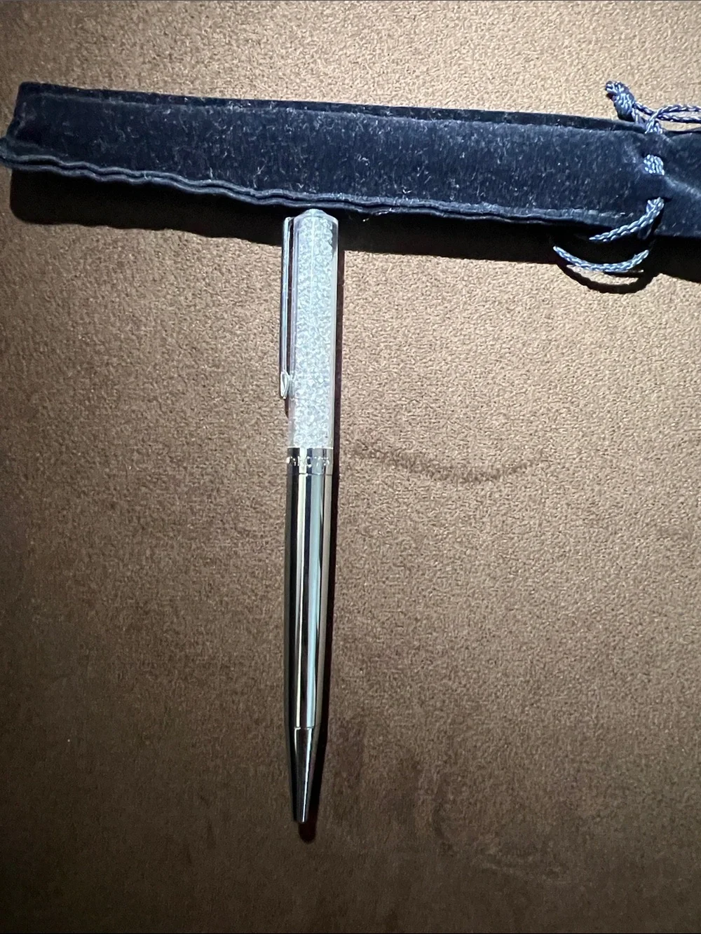 Swarovski Silver Crystal Ballpoint Pen with Navy Velvet Pouch
